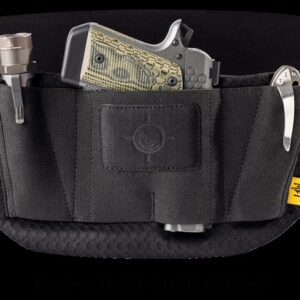 A Mission First Tactical belly band holster displayed against a plain background. The stretchy, one-size-fits-most holster is shown holding various accessories, including a handgun, knife, and flashlight (accessories not included).